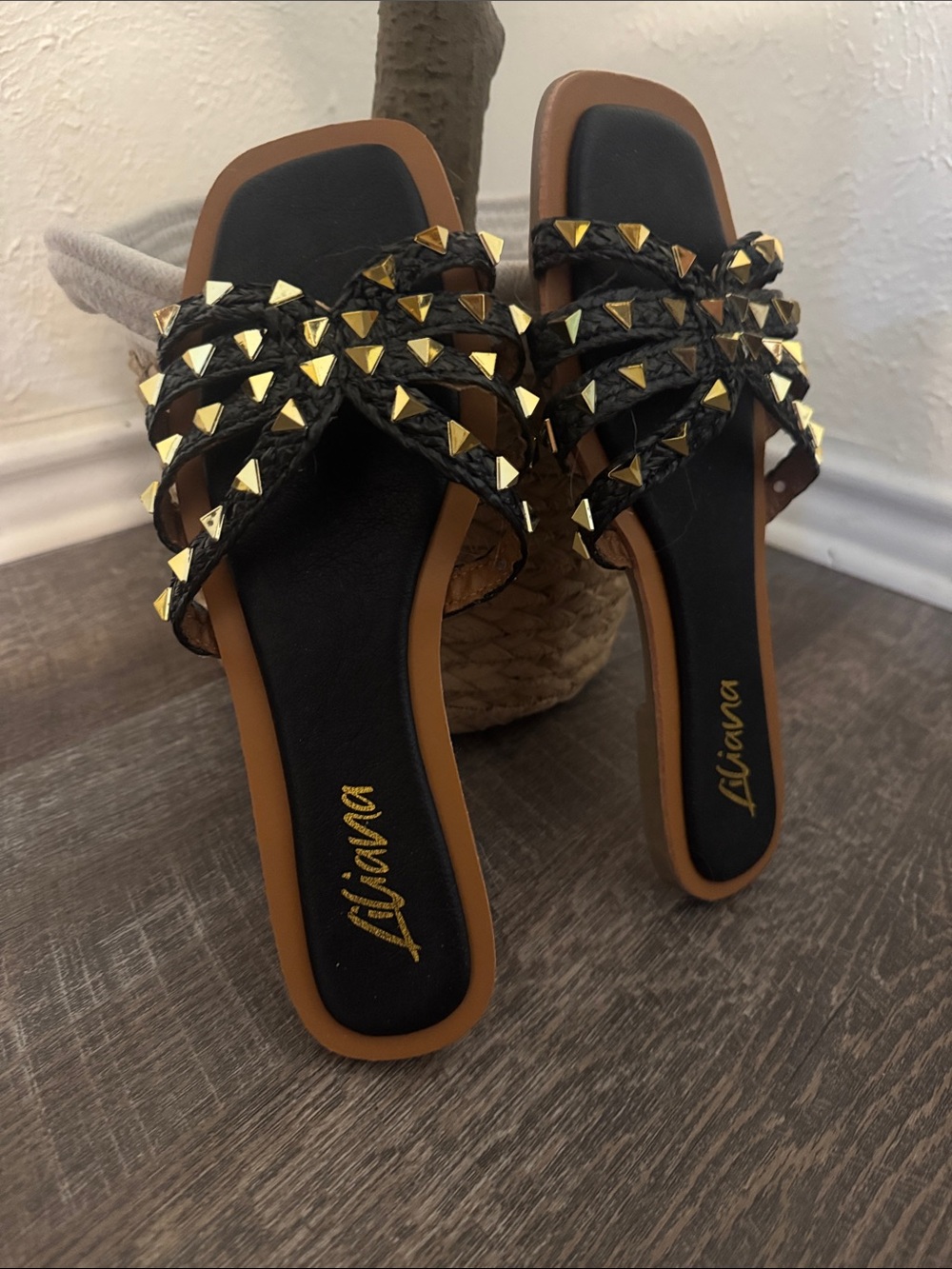 Liliana Black and Brown Pyramid-Stud Sandals